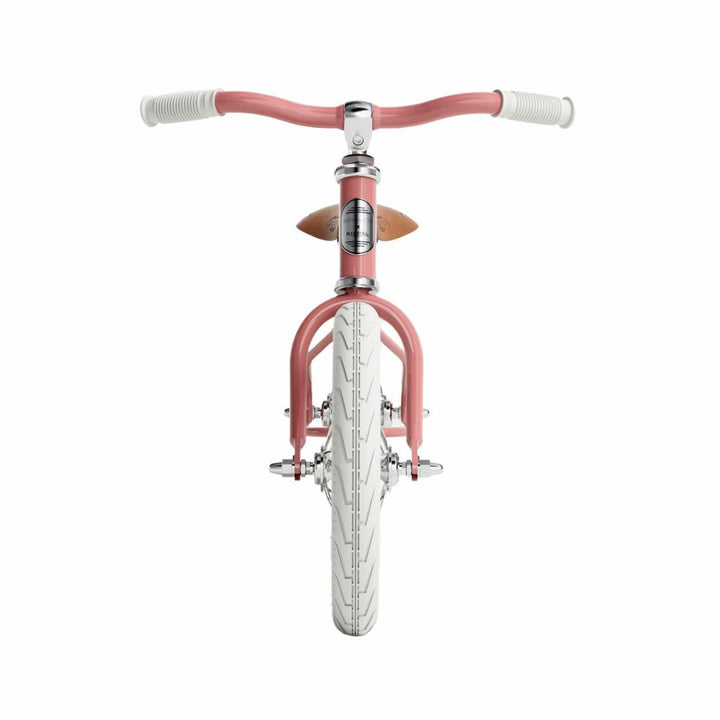 Front view of the rose coloured Banwood Icon Balance Bike